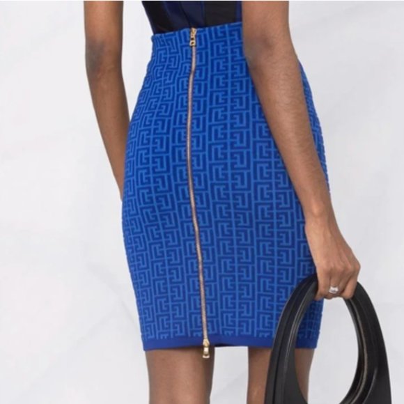 BALMAIN Monogram Jacquard Wool Blend Skirt In Blue - Size 36 - Picture 7 of 7